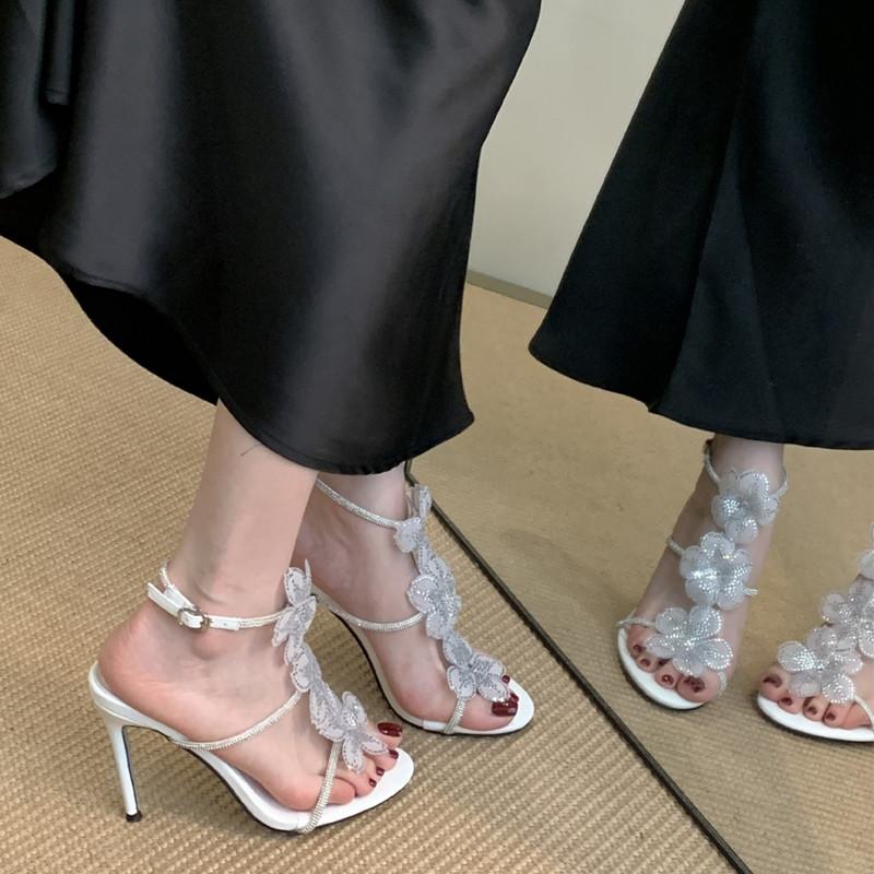 Fashion Luxury Rhinestones Lace Flowers Decor Women Gladiator Sandals Fashion Narrow band Ankle Strap High heels Summer Party Prom Shoes