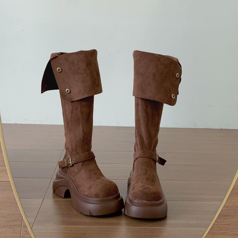 Winter Vintage Platform Thick Sole Woman Knight Boots Fashion Belt Buckle Slip On Shoes Punk Style Height Increase Long Booties