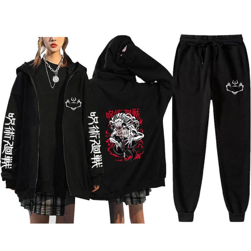 Unisex Winter Casual Sport Set With Anime Print Hooded Zip-Up Sweatshirt Jogger Pants Cotton Blend
