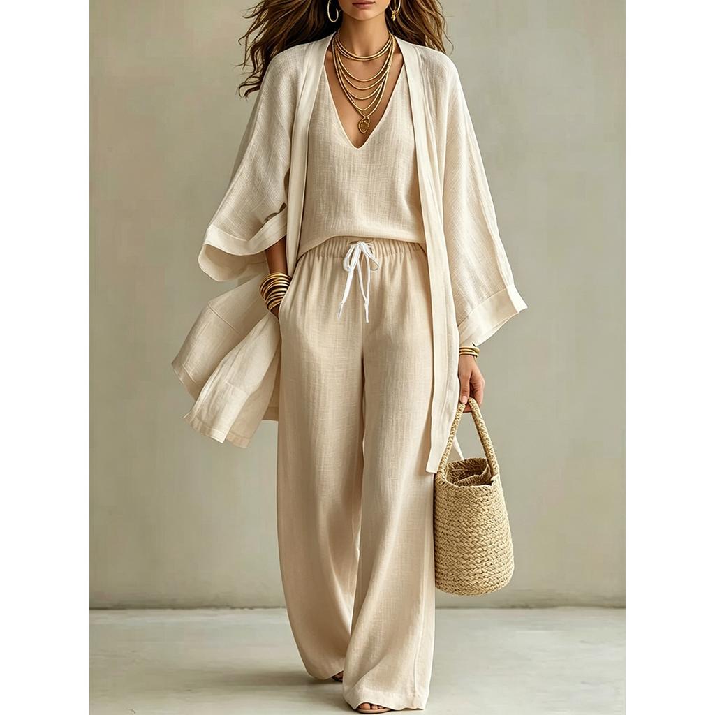 Kadın 3 Parça Keten Kıyafet Kimono Kollu Açık Ön Hırka V Yaka Üst İpli Geniş Bacak Pantolon Boho Plaj Kombin Seti