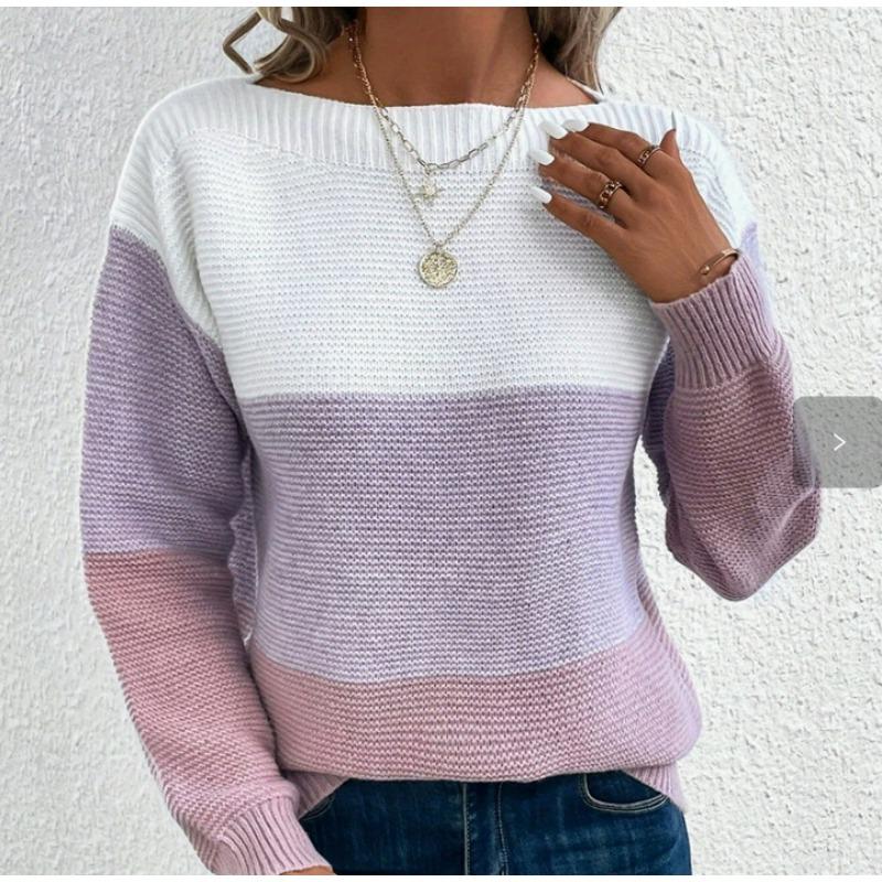 Damen S Farbblock Strickpullover Rundhalsausschnitt Langarm Pullover