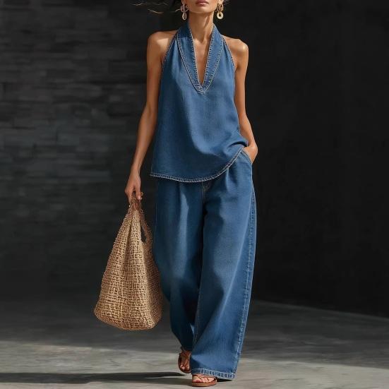 Halter Denim Set for Women Sleeveless Tank Top And Wide Leg Pants Lounge Sets Summer Casual Two Piece Outfits with Pockets