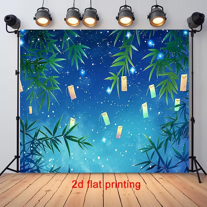 2D Enchanted Bamboo & Stars Tapestry, Japanese Tanabata Festival Backdrop 47.2x31.5inch/120*80cm