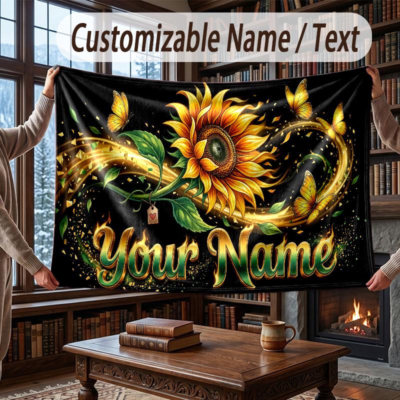 Floral Garden Theme Throw Blanket Custom Name Text Personalized Blanket Soft Cozy Blanket for Home Sofa Bed