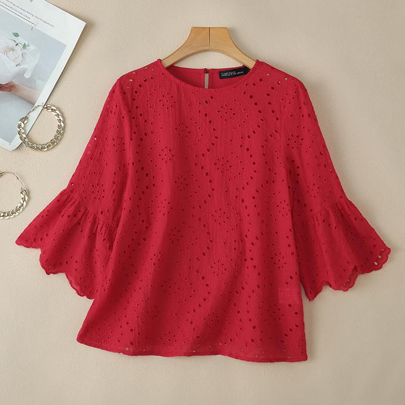 ZANZEA Women Casual O-neck Hollow Out Lace Patchwork 3/4 Sleeve Blouse