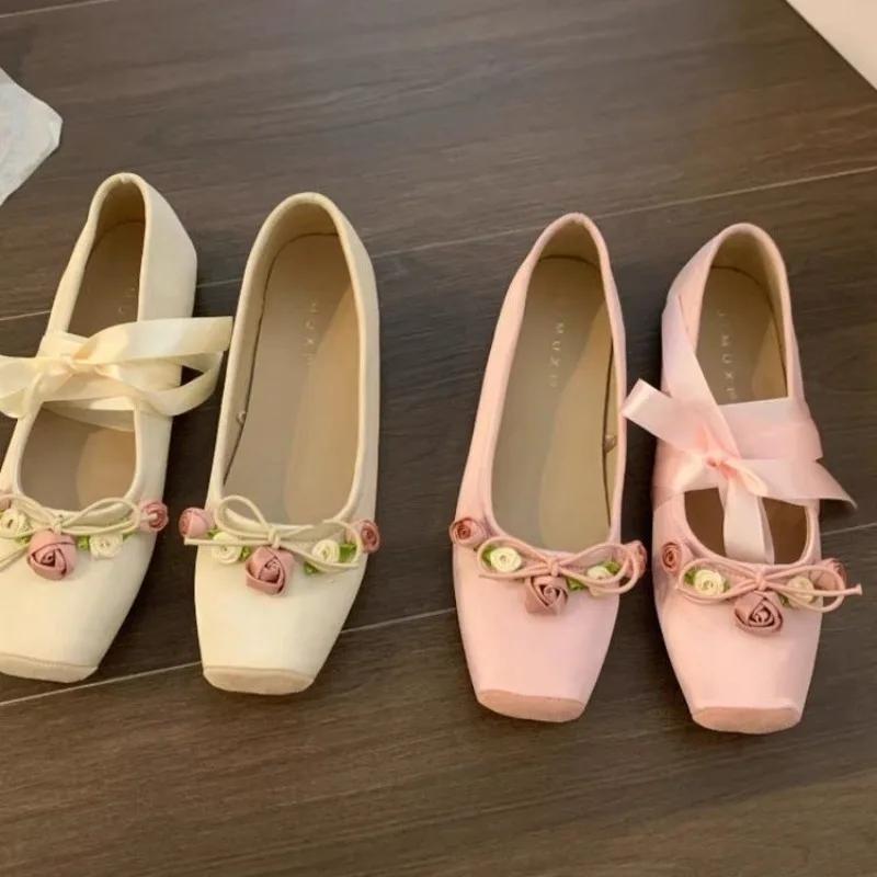 New Women's Flat Footwear Pink Ballet Women Single Shoes Fashion Lace Up Girl Mary Jane Shoes Sweet Flowers Ladies Spring