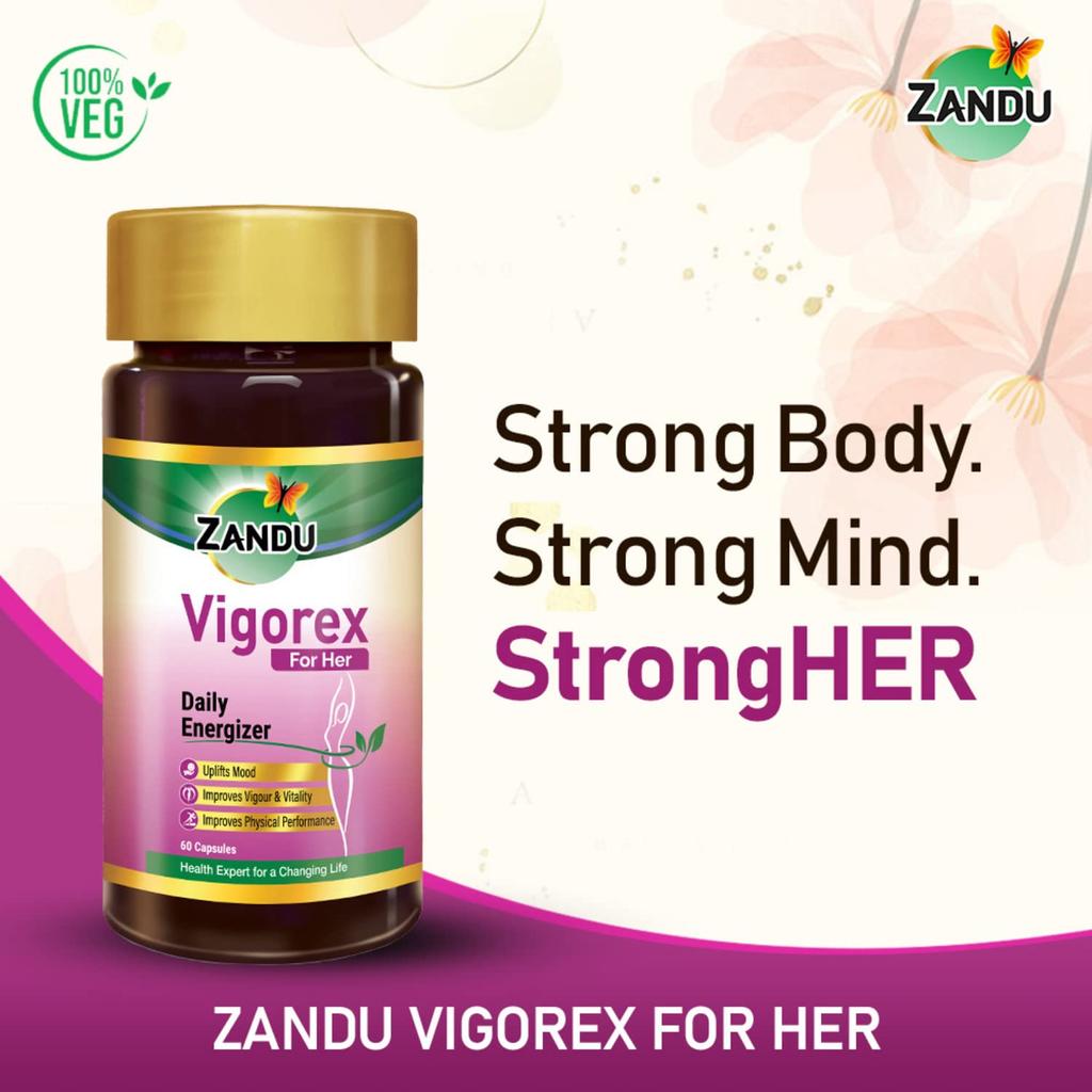 Zandu Vigorex For Her Daily Energizer Pack of 60 Capsules | Natural Energy & Vitality Booster for Women