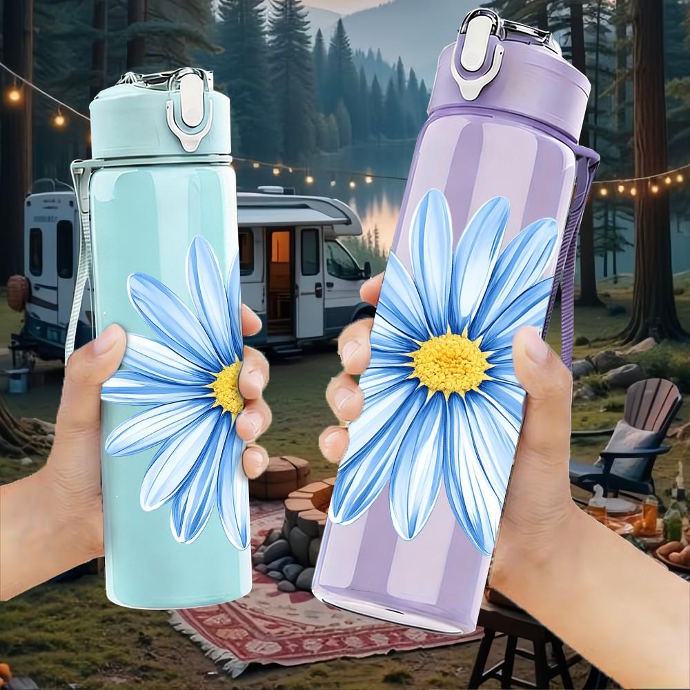 1PC Blue Daisy Watercolor Flower Print 750ml Color Plastic Sports Water Bottle Leakproof Flip Straw Lid Suitable for Sports Office Home Use