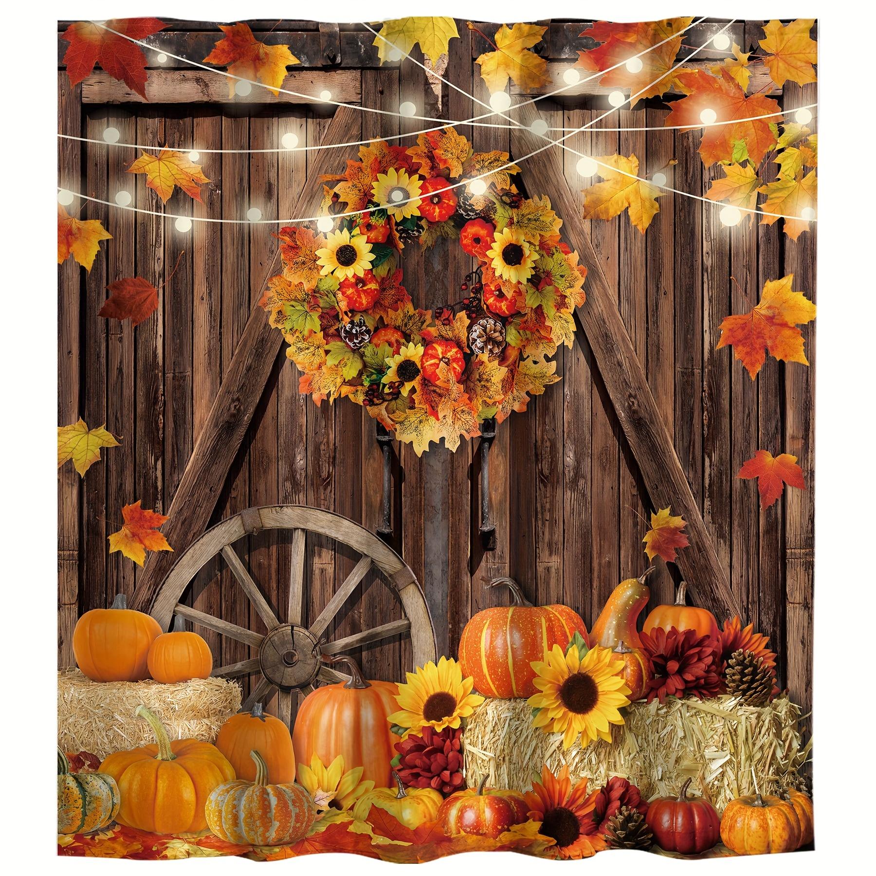 

Shower Curtain: Rustic Autumn Scene With Pumpkins, Sunflowers, And Fall Leaves For A Cozy And Festive Bathroom Decor W60H190(CM)-1 Pcs
