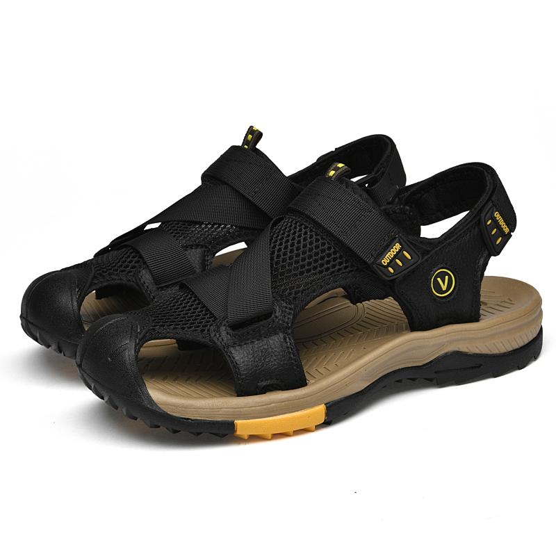 

Fashion Summer Men s Hollow Sandals Mesh Breathable Leather Casual Flat Bottom Beach Non Slip Roman Leather Outdoor Sandals 38-46 38 чёрный