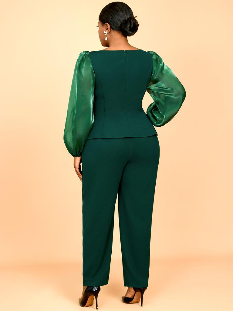 Zestaw zielonych spodni plus size z błyszczącymi rękawami z siateczki i kwiatowym detalem 3D Idealny na kościół, formalne spotkania i specjalne wydarzenia