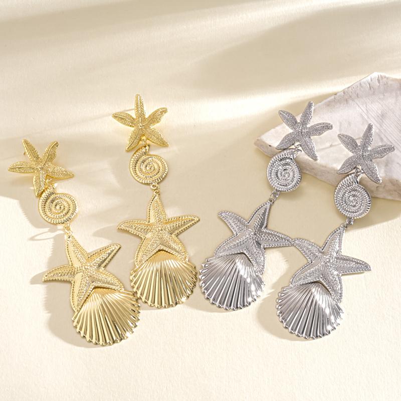 Exaggerated Metal Star Shell Long Drop Earrings for Women Personality Gold Silver Color Conch Earrings Vacation Style Jewelry