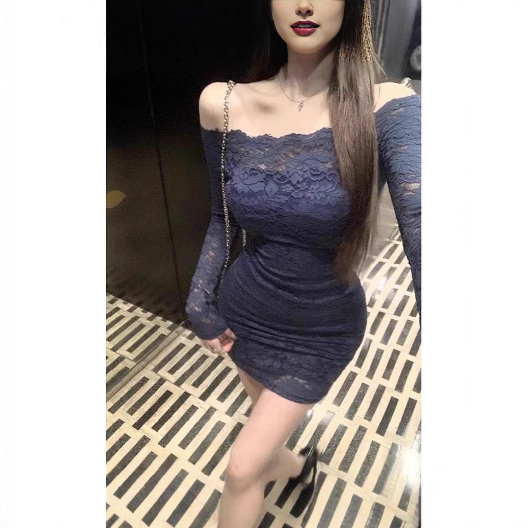 

Кружевное платье бодикон с открытыми плечами - Женский осенний стиль, Сексуальное облегающее талию, Облегающая бедра короткая юбка Medium синий