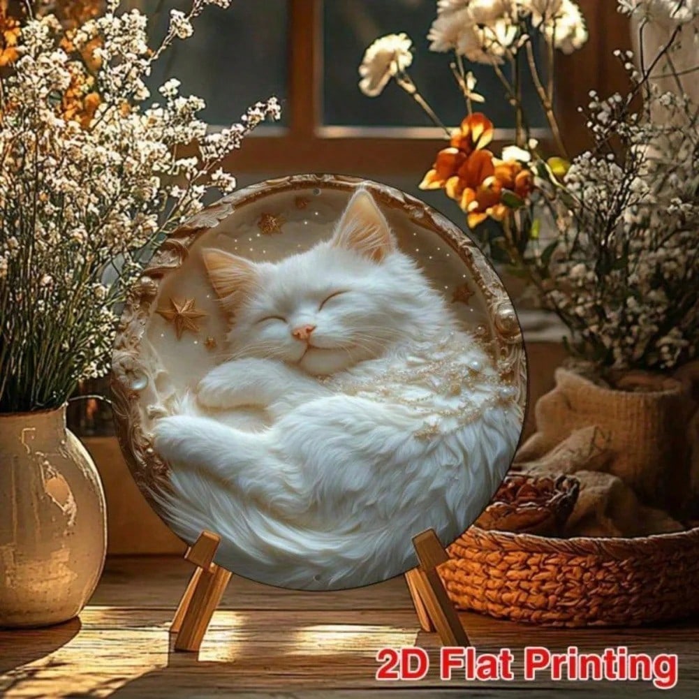 Iron Wall Art Cat Design Round Metal Painting Waterproof Weatherproof Home Decor