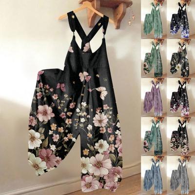 Ολόσωμες φόρμες με φαρδύ πόδι για γυναίκες Casual φαρδιά αμάνικα φόρμες ρετρό στάμπα με μεταλλικό κουμπάκι Μακρύ παντελόνι φόρμα με τσέπες