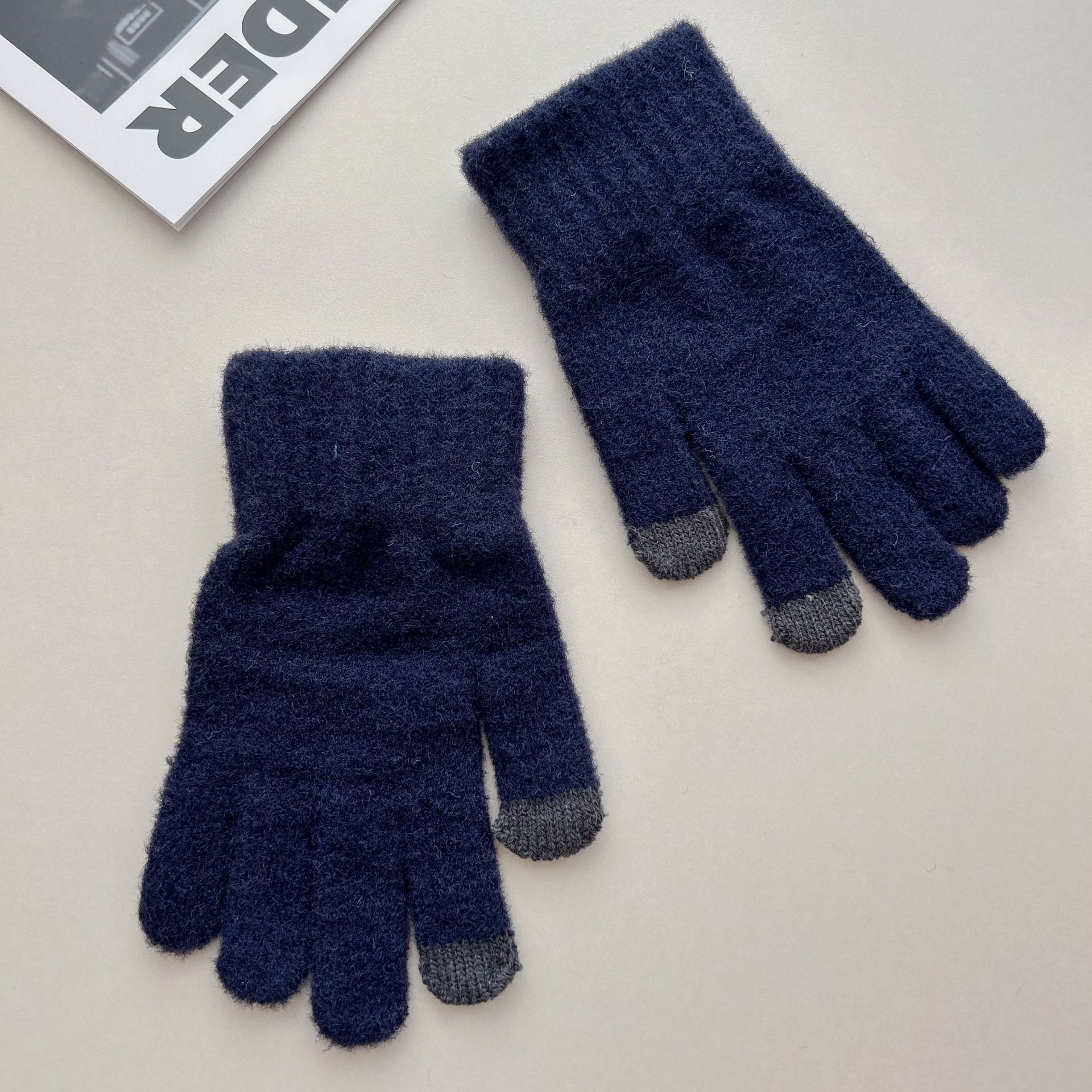 Solid Color Knitted Gloves Winter Cycling Warm Men and Women Five Finger Touch Screen Knitted Gloves one size