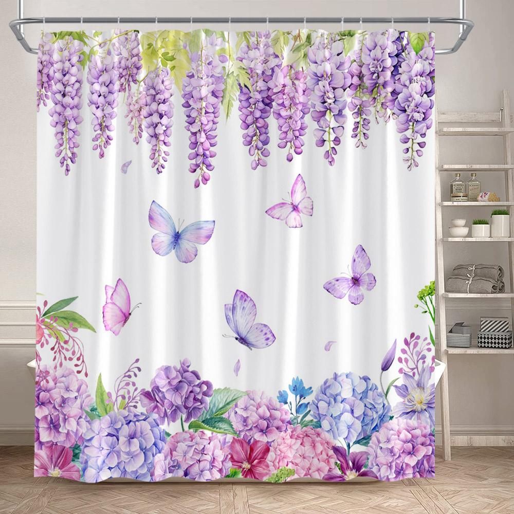 

Purple Floral Shower Curtain Butterfly Dragonfly Lavender Flower Blue Hydrangea Rustic Plant Bathroom Curtains Fabric Home Decor W60H190(CM)-1 Pcs