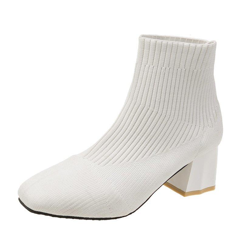Women's Fall New Block Heel Booties Square Toe Knit Stretch Non-Slip Sock Boots