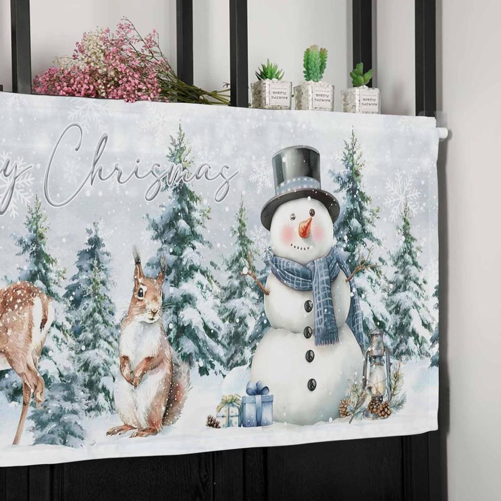 Christmas Valance for Windows Snowman Short Kitchen Curtains for Living Room Over Sink Deer Squirrel Merry Christmas Tree Topper Window Treatment