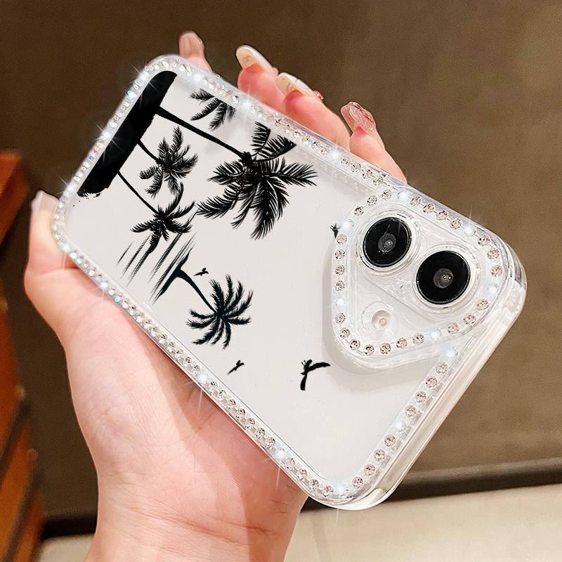 For iPhone 16 16E 15 Pro Max 14 Pro 13 12 11 Case Diamond Frame Coconut Tree Print Clear Shockproof Lens Protection Soft Silicone Phone Cover Shell
