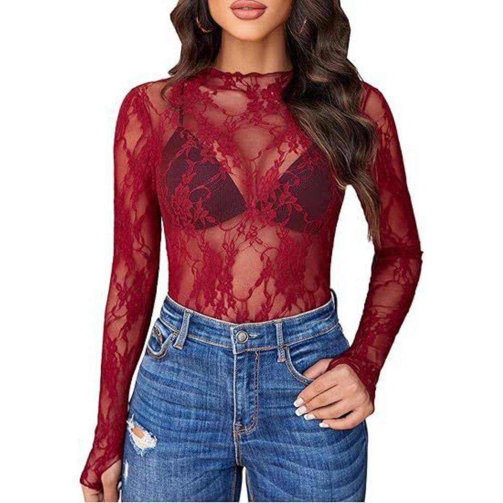 Summer Autumn New Lace Women's Top Long Sleeve Transparent Perspective Top Fashionable Stylish Sexy Versatile Women's Long Sleeve T-shirt