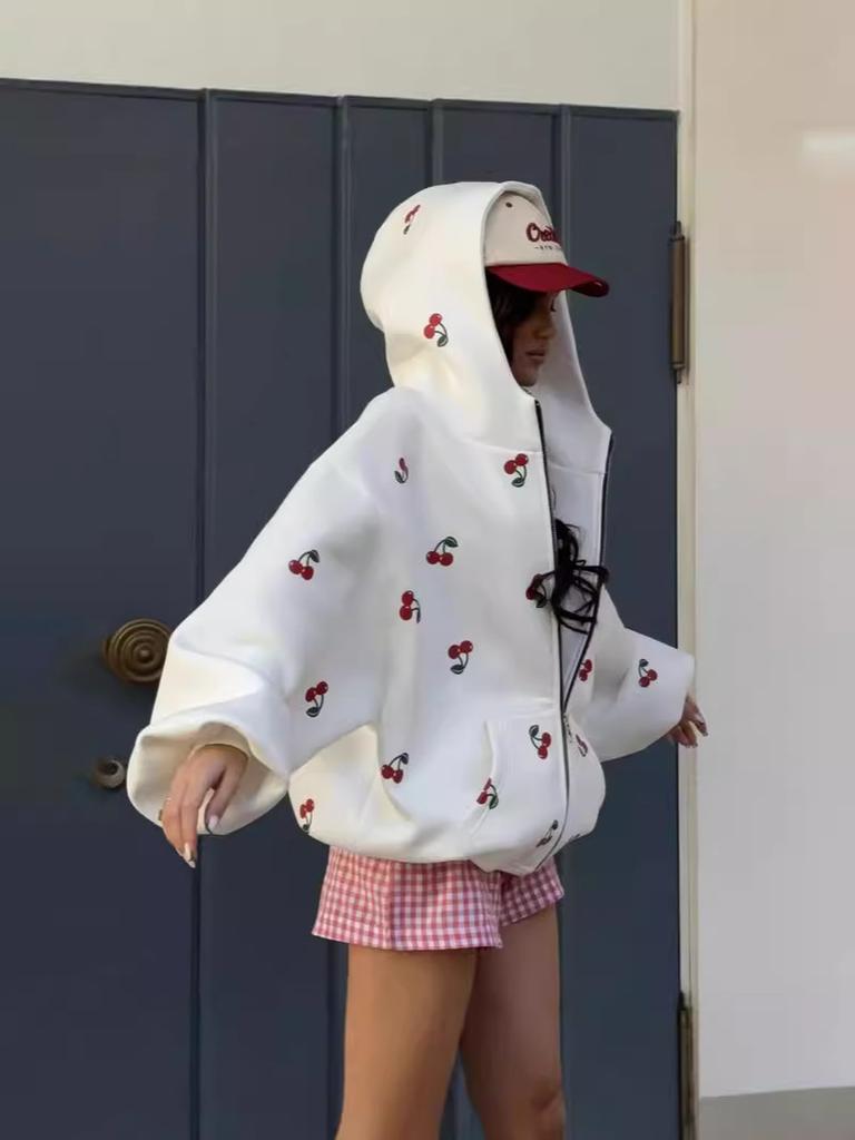 Cherry Blossom Printed Hoodie Sweatshirt Casual Autumn Women Street Style Fashion Brand Loose Versatile Sports Pullover with Hood