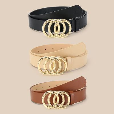 1 Pièce Ceintures à Boucle Triple Anneau Doré Simples Couleur Unie PU Ceinture Jeans Pantalons Ceinture Robe Manteau Ceinture Pour Femmes Ceinture
