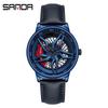 Sanda Cool Wheel Men's Skeleton Dial Leather Strap Waterproof Quartz Watch