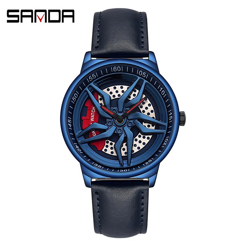 Sanda Cool Wheel Men's Skeleton Dial Leather Strap Waterproof Quartz Watch
