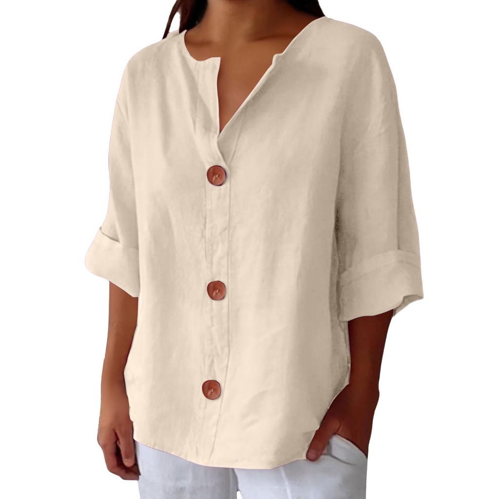 Mote dame casual V-hals kneppet syvarmet bomulls-t-skjorte topp