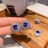 Jewelry Retro Imitation Pigeon Purple Blue Zirconium Square Luxury Inlaid Pendant Earrings Ring Jewelry Set