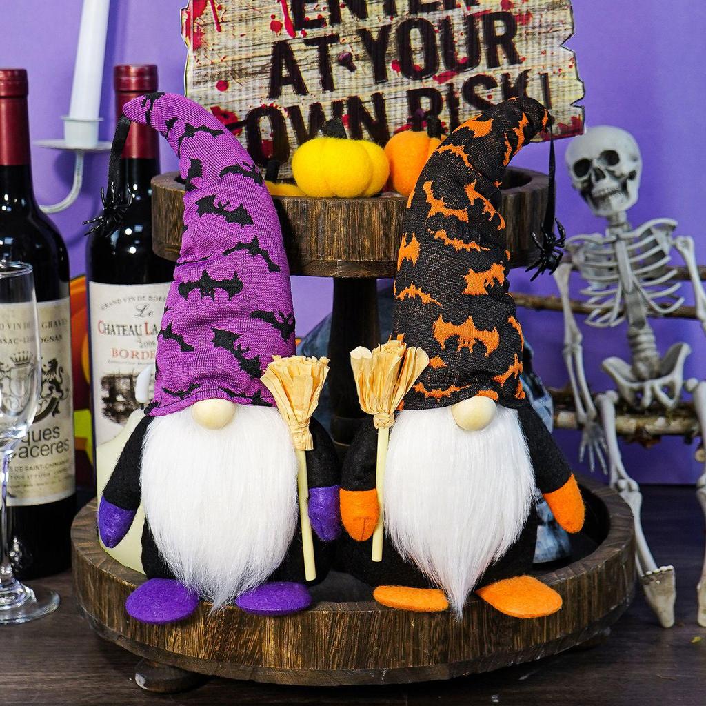 Faceless Halloween Gnome Doll with Broom and Spider Bat Decorations