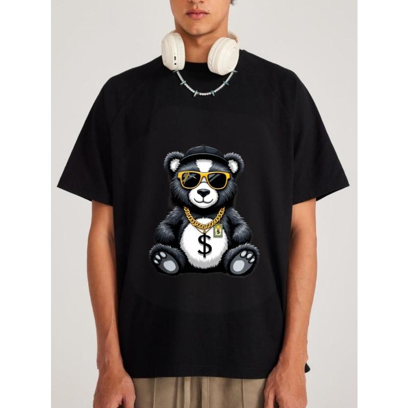 Cotton T Shirt White Bear with Sunglasses and Gold Chain Money Symbol Print Casual Streetwear for Men
