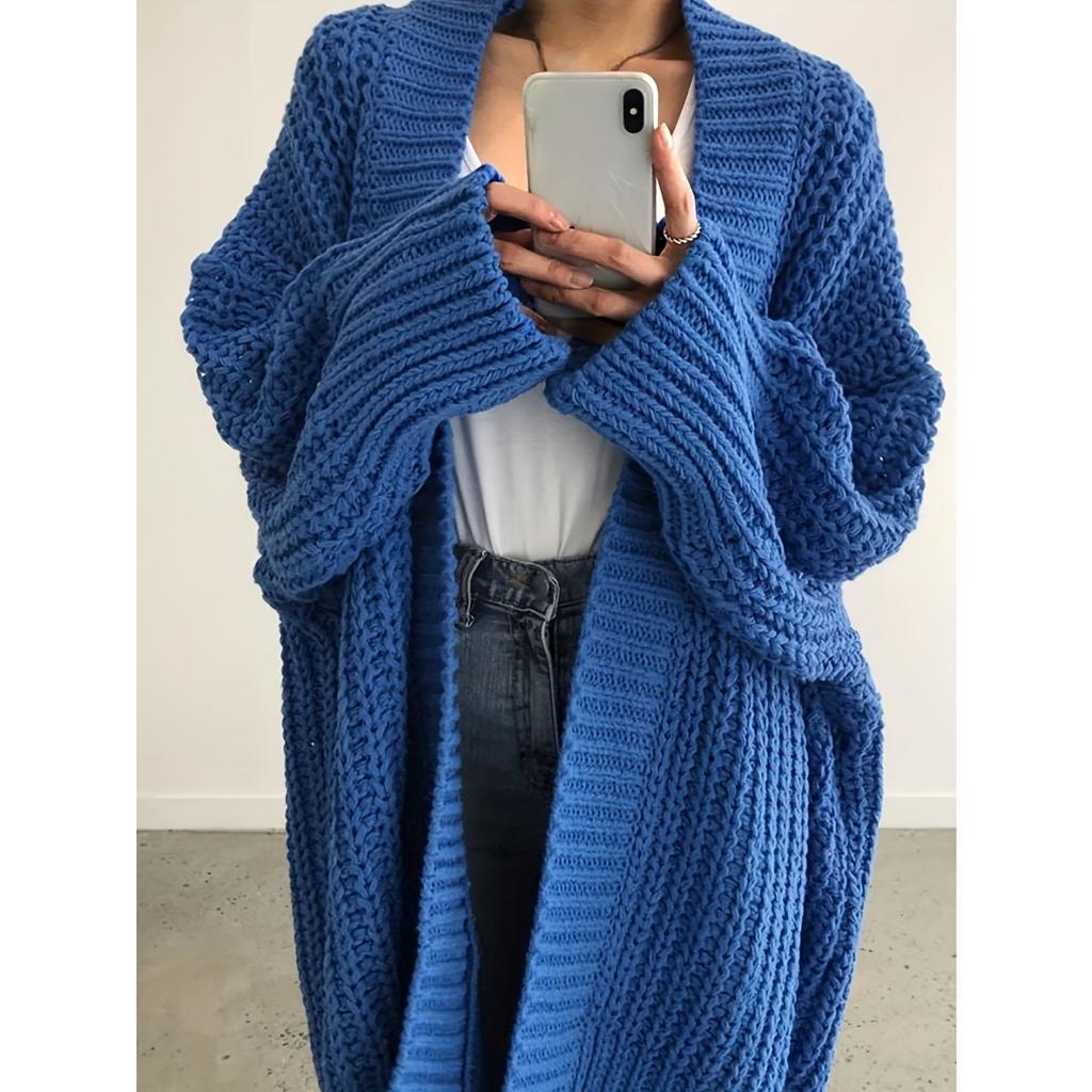 Women's Solid Color Long Open Knit Cardigan, Fashion Vacation Sweater Coat for Autumn Winter