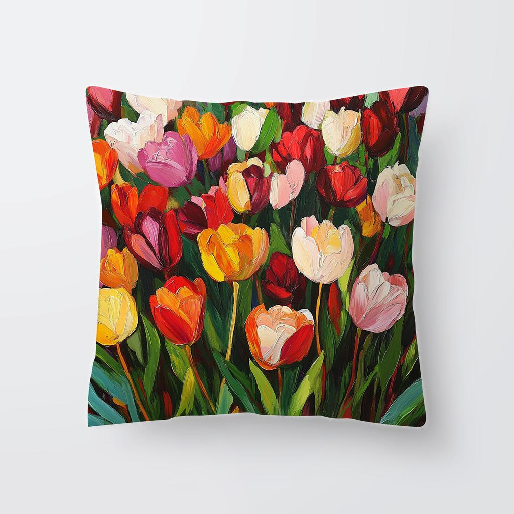 New Simple and Fashionable Tulip Flower Series Linen Single-sided Printed Pillow Case Sofa Decoration