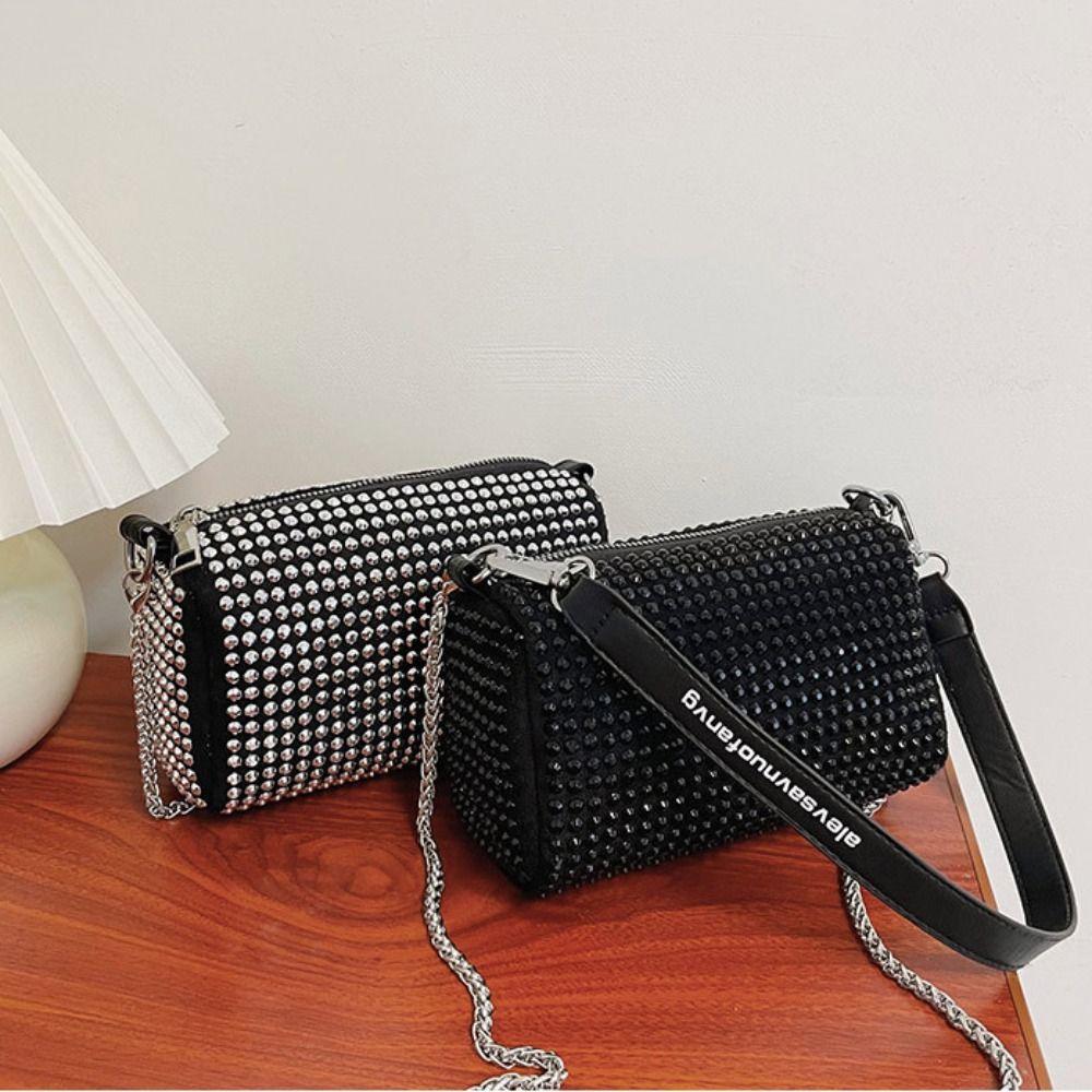 Large Capacity Rhinestone Handbag Zipper Chain Shoulder Bag Retro Small Square Bag  Party