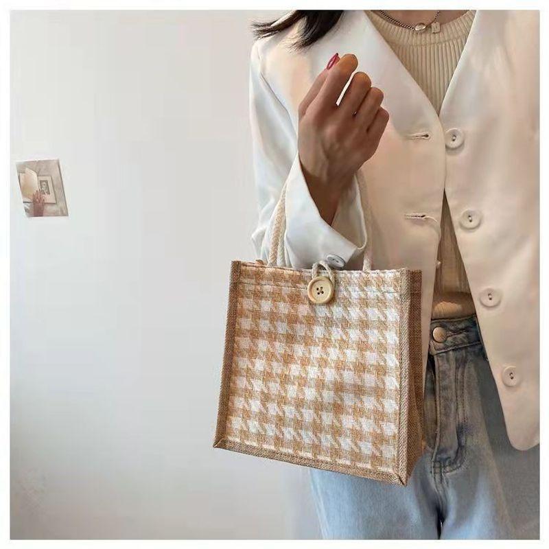 

Original Simple Linen Bag Japanese and Korean Women Handbags Trendy Cartoon Artistic Carrying Snack Bag Environmentally Friendly Lunch Box Bag Khakis Button