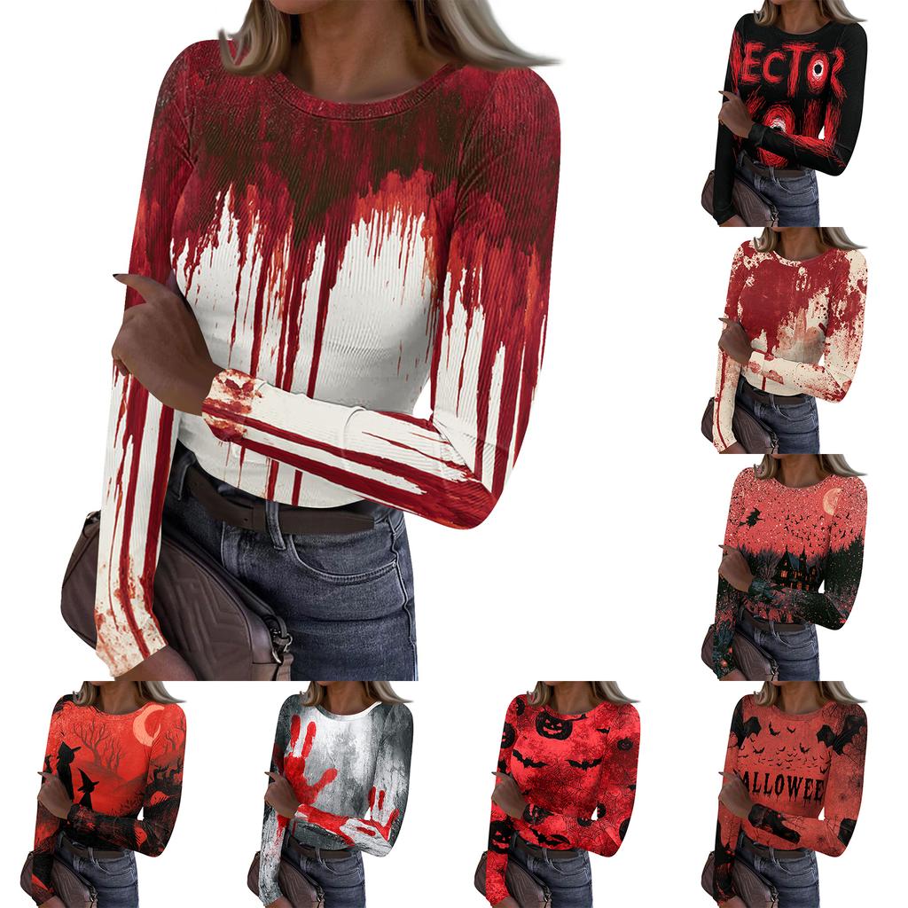 Women Casual Long Sleeve Ribbed Top Halloween Print Pullover Crew Neck Stretchy Slim Fit Shirt for Daily Wear