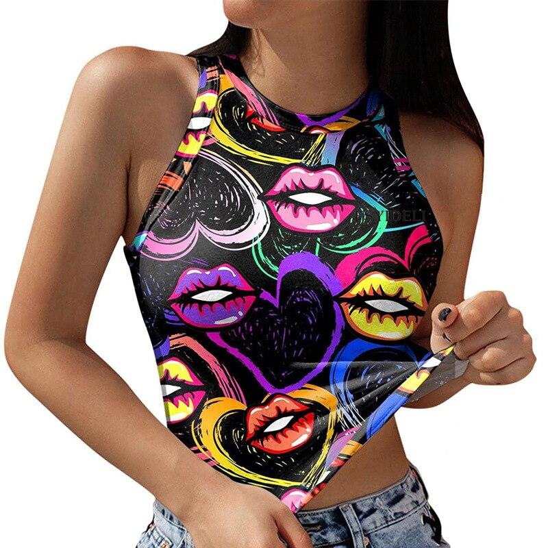 Nové jaro léto sexy ženy triko s potiskem s kulatým výstřihem Krátká vesta bez rukávů Halenka s pupíkem pro volný čas Slim Fit žebrovaná tílka