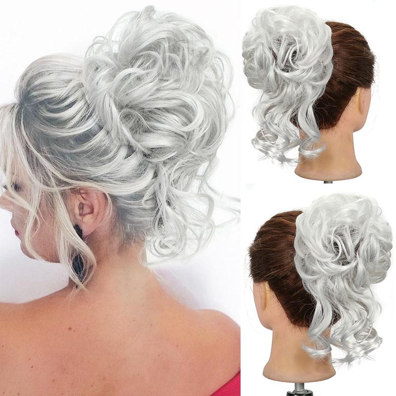 Unordentlicher Dutt Haarteil Wellig Lockig Synthetisch Hochsteckfrisur Chignon Fake Scrunchies Pferdeschwanzverlängerung für Damen Dunkelbraun