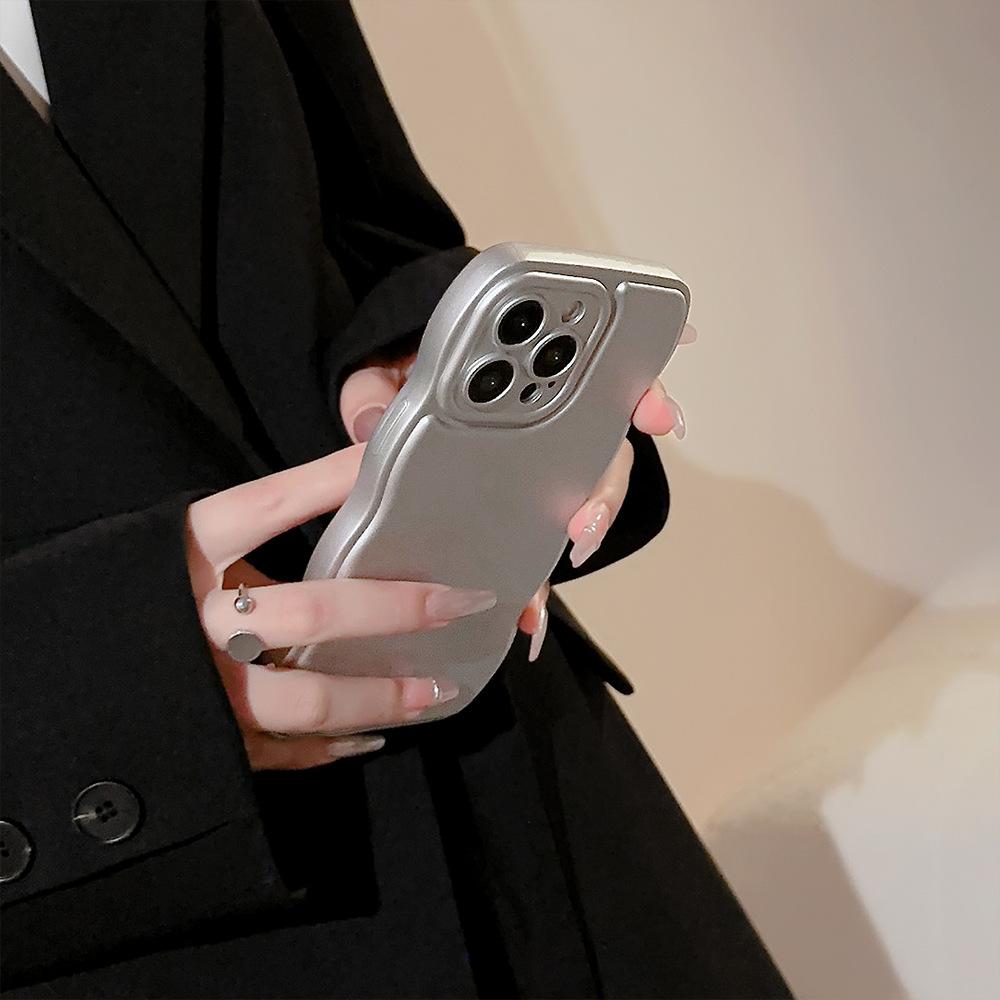 Electroplated Silver Apple 17 Phone Case, High-end Feel for iPhone 14, Suitable for 16, 15 Pro Max, Wavy Edge, Solid Color for 12