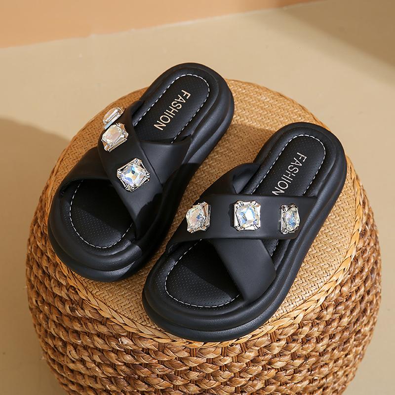 Platform Slippers Women's 2025 Summer New European Rhinestones Fashion Casual Wear One-word Sandals Women