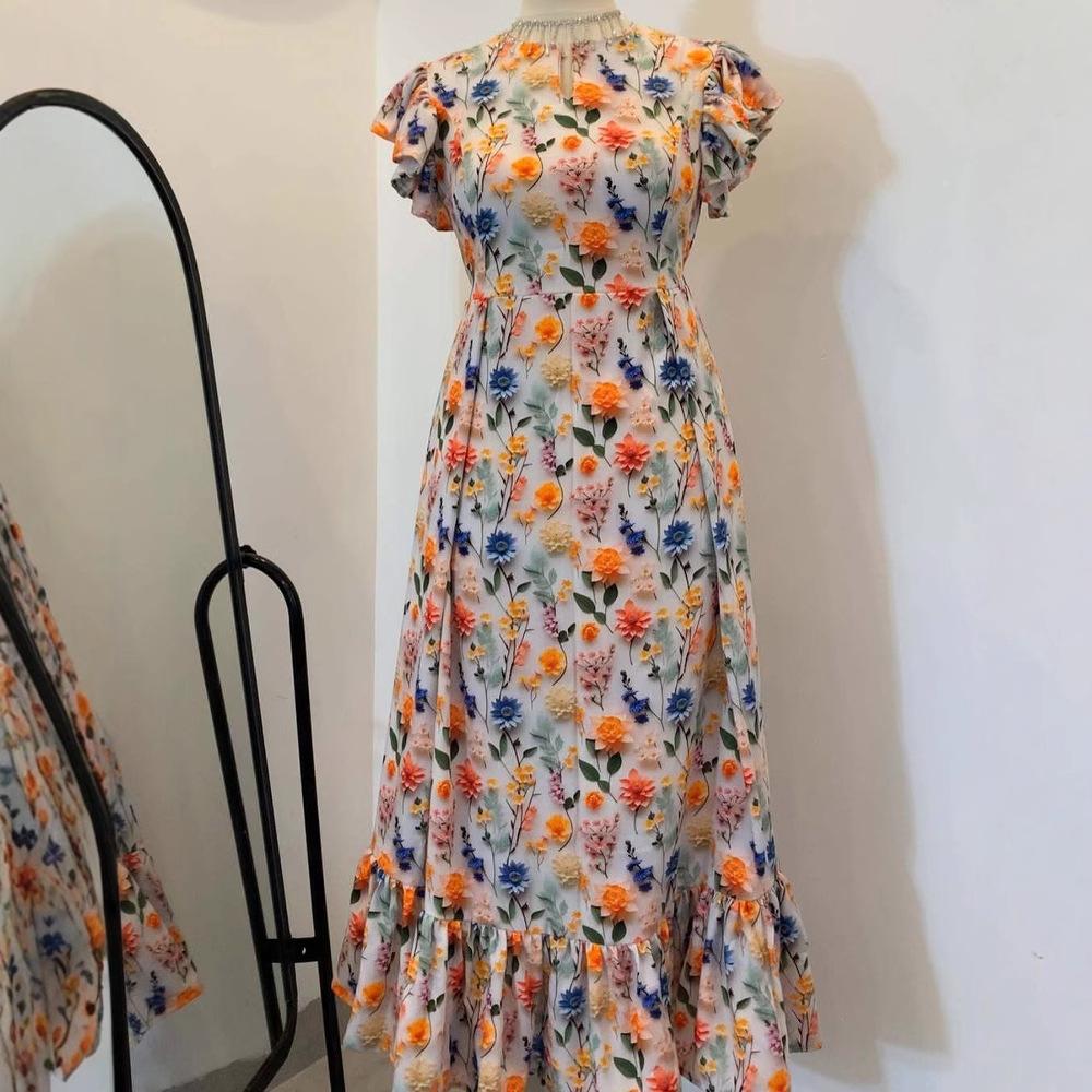 European and American Women's Clothing Fashion Short-sleeved Summer New Temperament Printed Thin Medium and Long Casual Pendulum Dress