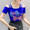 Summer Women Bow Letter Shiny Hot Diamonds T-Shirt Sexy Off Shoulder Slim Top New Chic Short Sleeve Tees Shirts