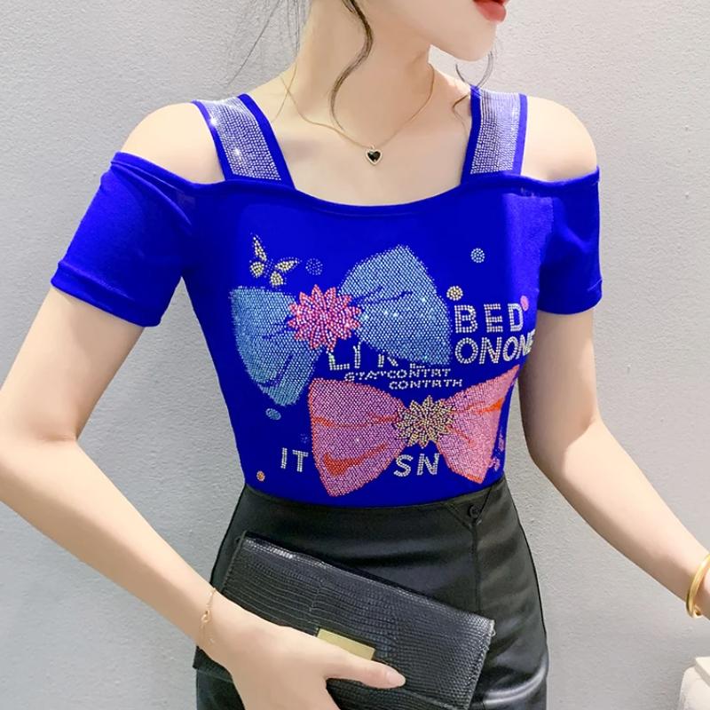 Summer Women Bow Letter Shiny Hot Diamonds T-Shirt Sexy Off Shoulder Slim Top New Chic Short Sleeve Tees Shirts