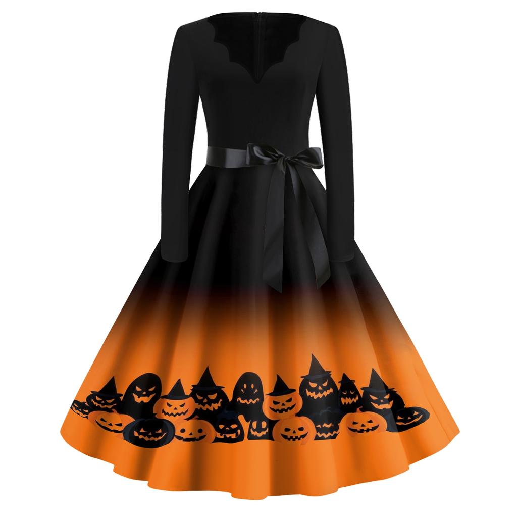 Women's Vintage Halloween Print V-Neck Dress, Casual Party Outfit for Celebrations