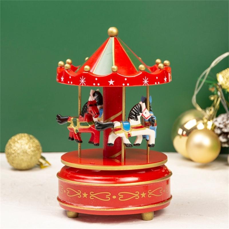Handcrafted Wooden Rotating Carousels Music Box Ornament Hand Cranked Design For Christmas Home Tabletop Shelf Decors