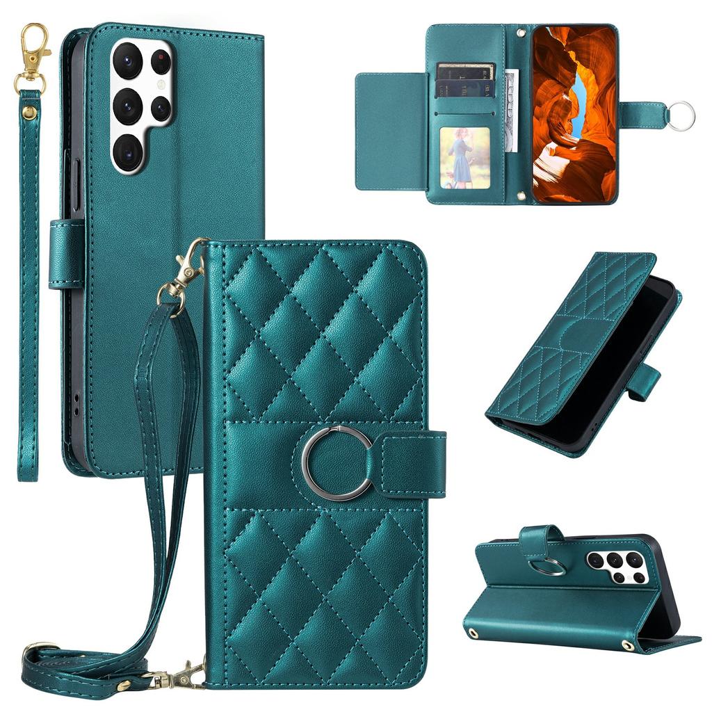 For Samsung Galaxy S24 Ultra Crossbody Leather Case Ring Buckle Wallet Stand Rhombus Mobile Cover