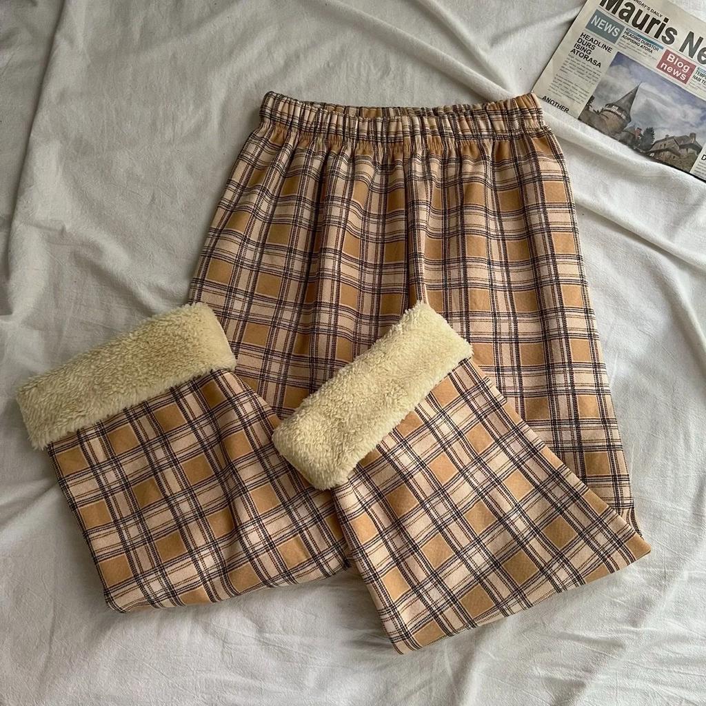 Winter Thick Plaid Pants Women Korean Fashion Warm Loose Wide Leg Trousers Student Y2K Causal High Waist Pants Outwear