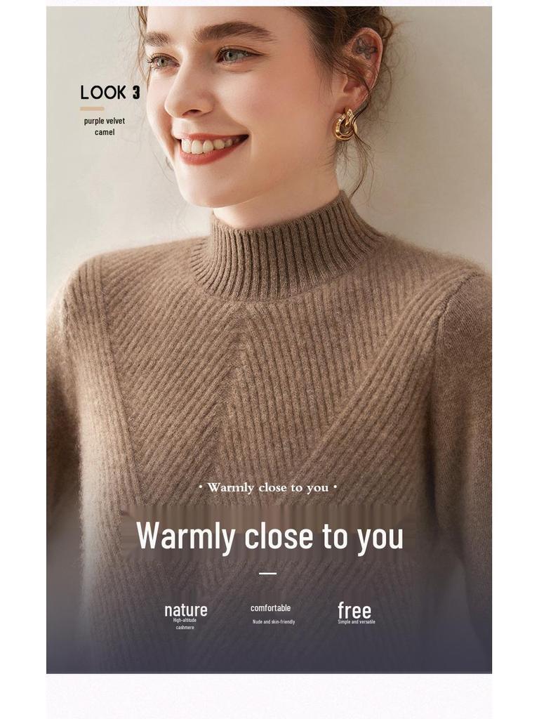 Women's High Neck Cashmere Knit Sweater - Thickened Loose Fit Pullover for Autumn/Winter